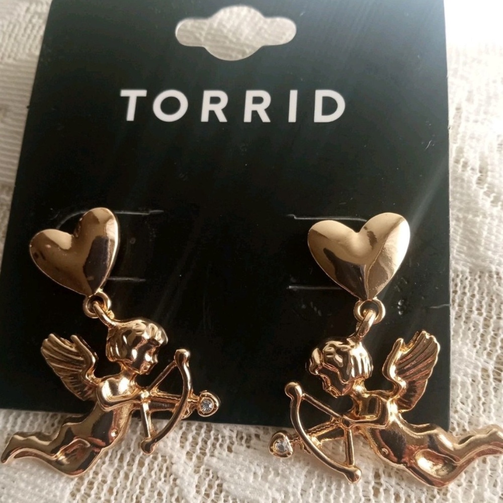 💝 Torrid Cupid / Cherub Dangle Earring Heart Charm w Rhinestone Valentines Day
